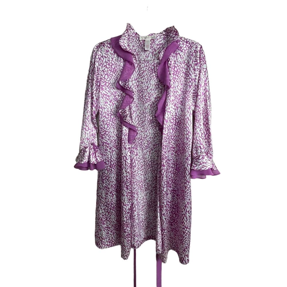Oscar de la Renta Pink‎ Label Satin Robe Size S Mauve White Ruffle Collar